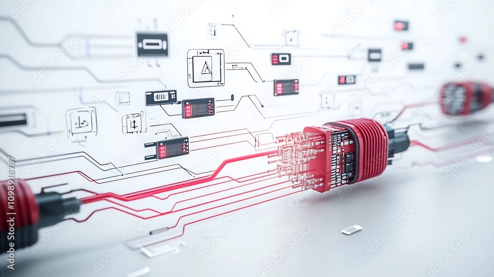 Poster Dynamic and Futuristic of a Fiber Optic Network with Luminous Light Waves Showcasing Seamless Data Transmission on a White Background
