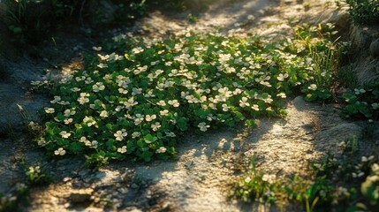 Beautiful Green Ground Cover with White Flowers in Natural Setting