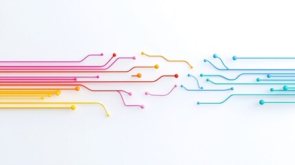 of glowing fiber optic cables with vibrant colorful light beams spreading out in a sleek futuristic design against a white background  The dynamic and luminous pattern creates a modern