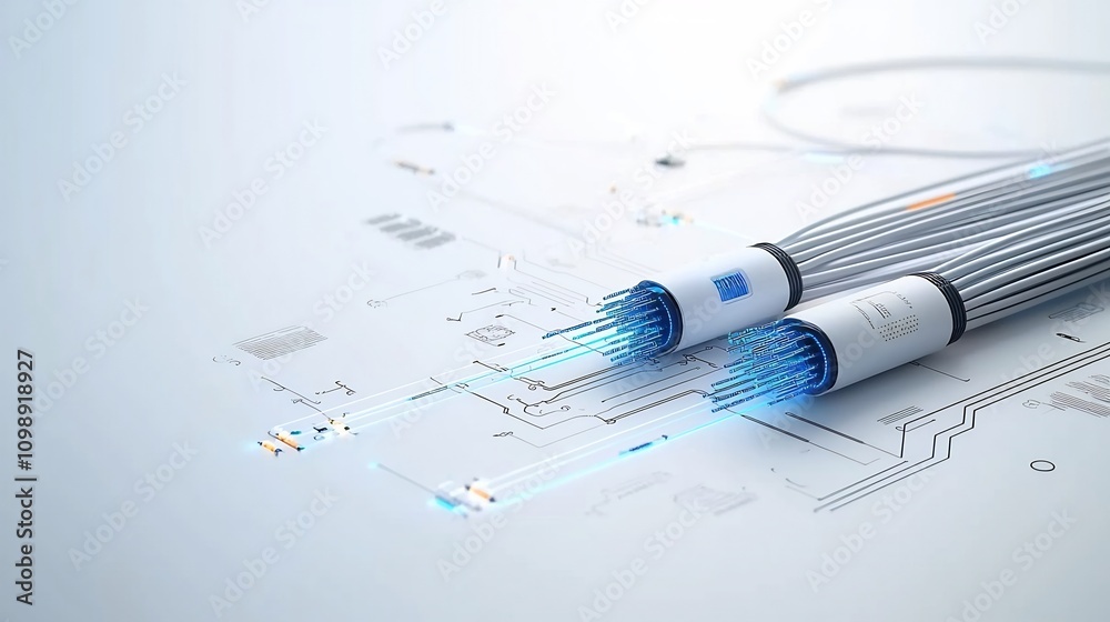Aufkleber futuristic of illuminated fiber optic cables with radiating light effects in a sleek style white bac