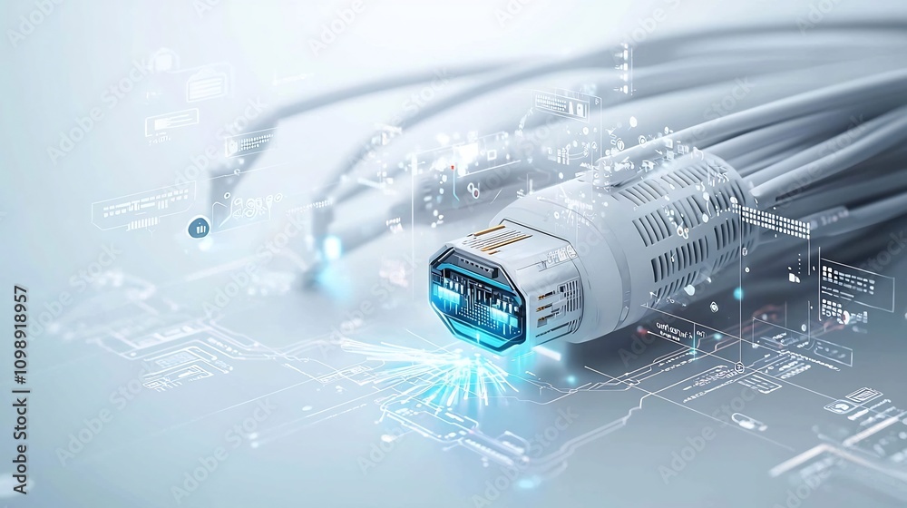 Poster futuristic showcasing a sleek minimalist design of illuminated fiber optic cables with radiating lum