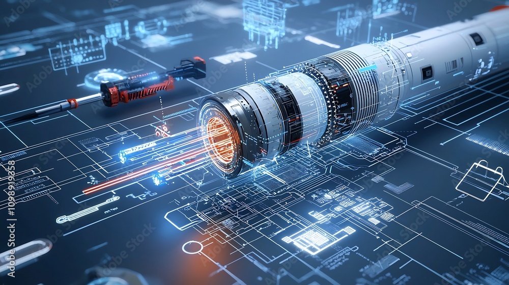 Poster futuristic of a fiber optic cable installation process with dynamic lighting effects and advanced to