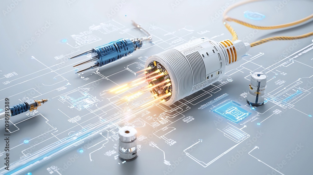 Aufkleber Futuristic fiber optic cable installation process with dynamic light effects and advanced tools on a white background