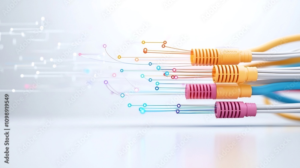 Poster Vibrant and futuristic abstract depiction of a complex fiber optic network system with flowing light beams traversing through intricate cables against a clean white background