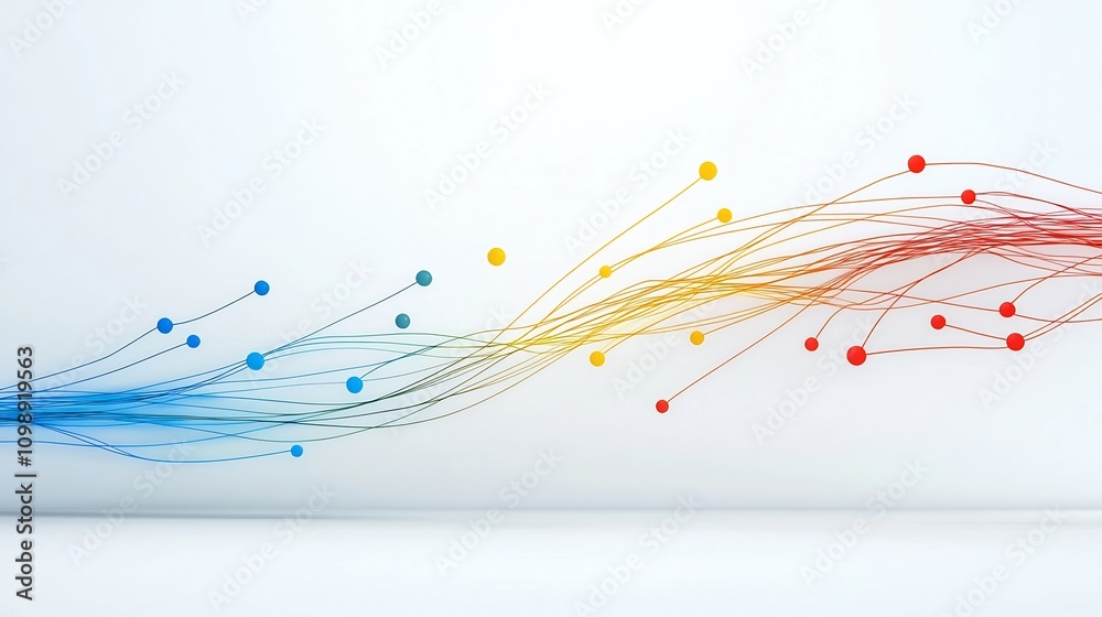 Poster Vibrant and Futuristic of a Fiber Optic Communication System featuring Colorful Data Transmission Lines and Advanced Technology Elements on a White Background