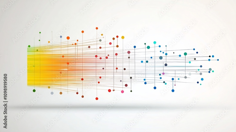 Poster Creative art of a futuristic fiber optic communication system with colorful data transmission lines and advanced technology elements on a white background
