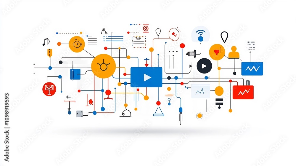 Poster Vibrant depicting a fiber optic communication system with intricate data transmission lines and advanced technological elements against a clean white background
