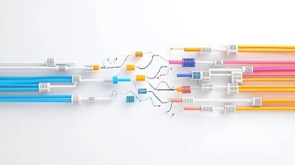 Vibrant and abstract depiction of a complex fiber optic network system with luminous light beams flowing through the cables against a clean white background