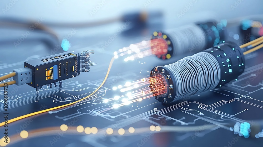 Poster captivating abstract image depicting the ethereal and intricate beauty of fiber optic cables with vi