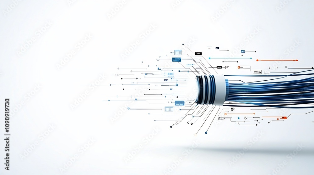 Poster futuristic high tech design with precise fiber optic strands and radiating light beams against a cle