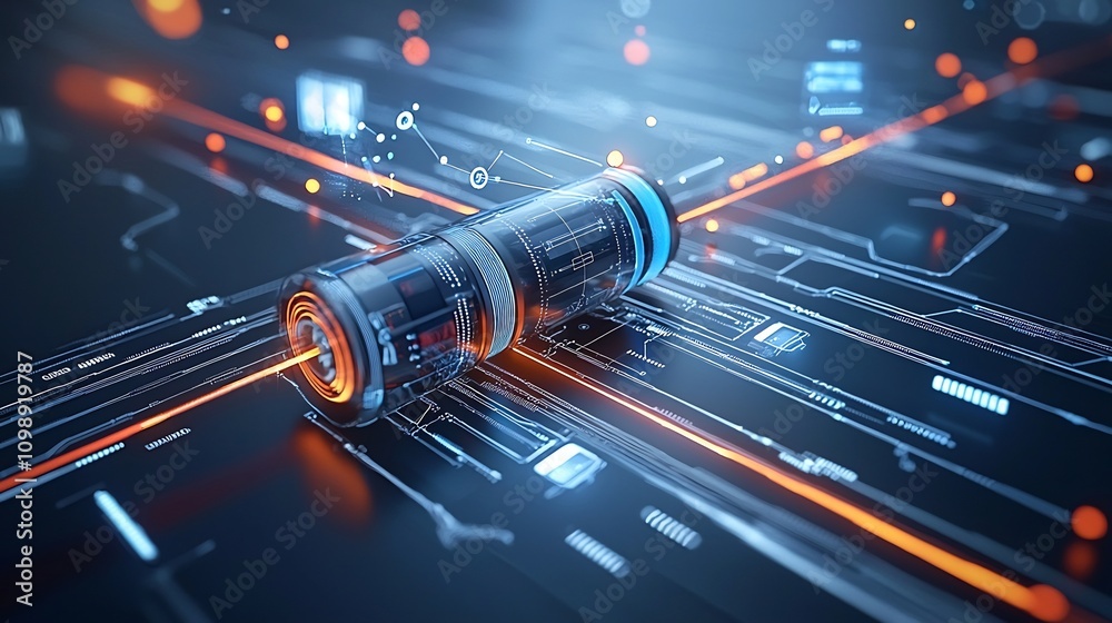 Poster futuristic depicting an optical fiber network with glowing lines and dynamic light refraction elemen