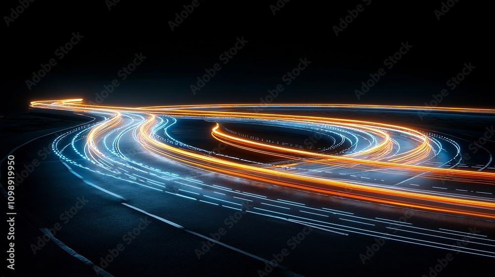 Poster Abstract depiction of a futuristic fiber optic network with vibrant light trails symbolizing fast and efficient data transfer across a technological landscape  The image conveys a sense of energy