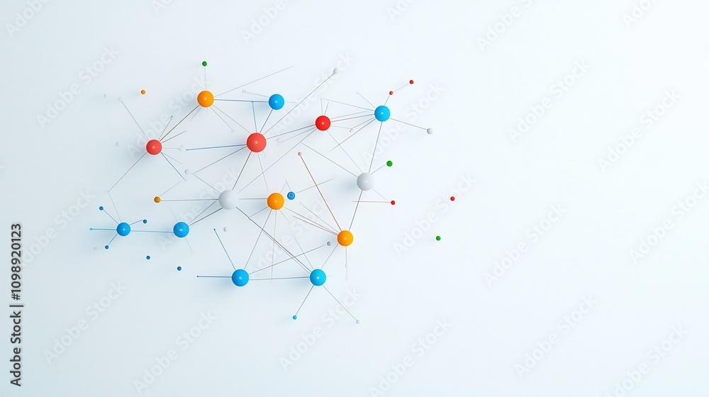 Poster Vibrant abstract depicting a high speed fiber optic network system with dynamic light trails interconnecting various hubs and nodes on a white background