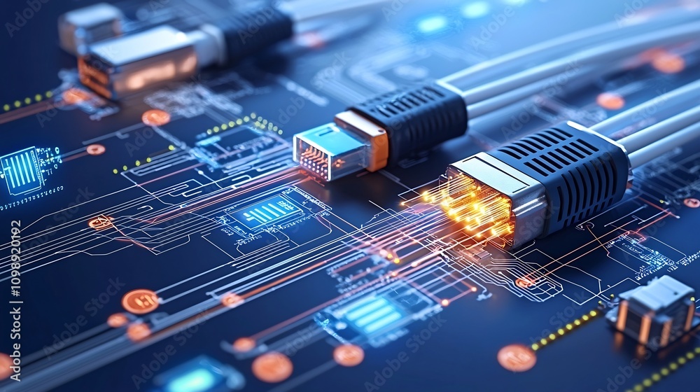 Poster of a fiber optic network system with interconnected cables and glowing light pathways forming a dynamic digital web on a white background representing modern technology
