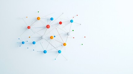 Vibrant abstract depicting a high speed fiber optic network system with dynamic light trails interconnecting various hubs and nodes on a white background