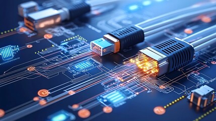 of a fiber optic network system with interconnected cables and glowing light pathways forming a dynamic digital web on a white background representing modern technology
