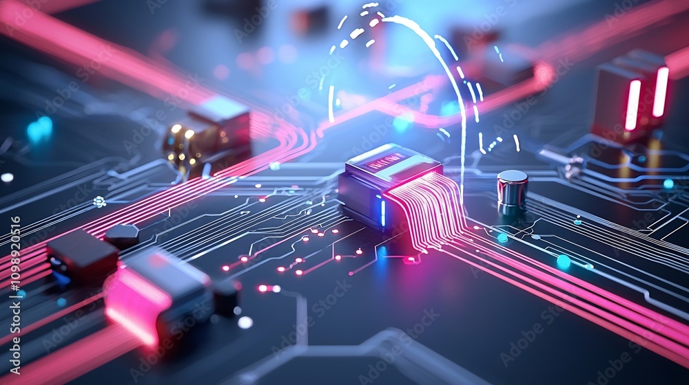 Poster futuristic and abstract depiction of advanced fiber optic installation technology with vibrant light