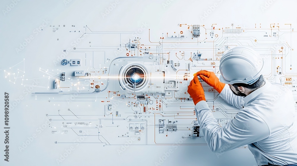 Aufkleber Futuristic art depicting a technician installing fiber optic cables amidst dynamic light beams and cutting edge technology details on a white background