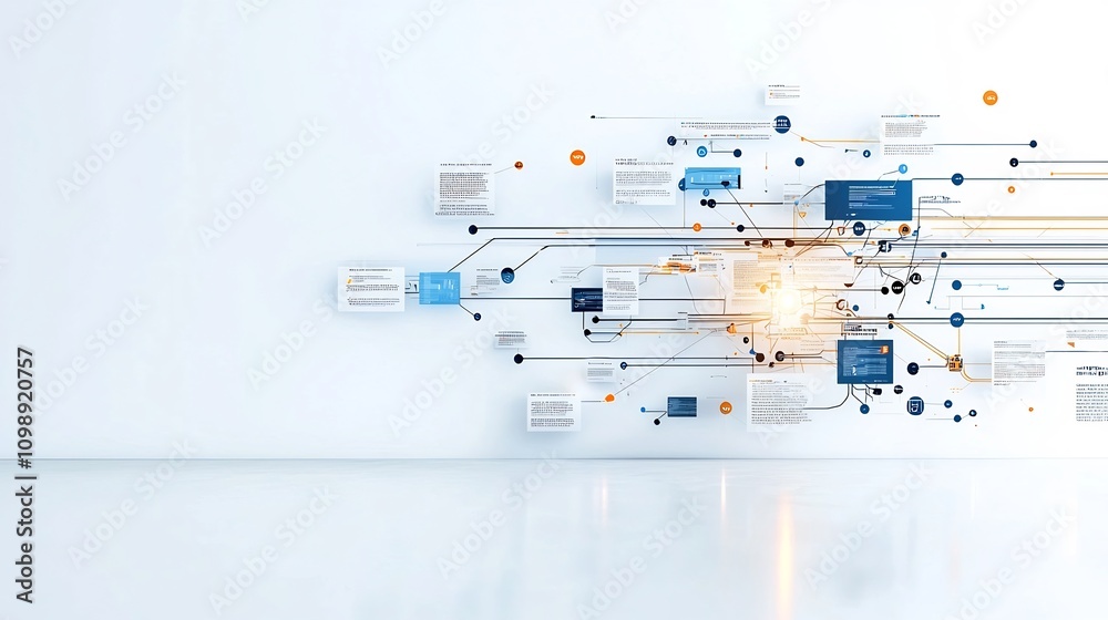 Poster Abstract design showcasing the power and connectivity of fiber optic technology  Glowing light trails and network nodes create a futuristic digital landscape against a clean white backdrop