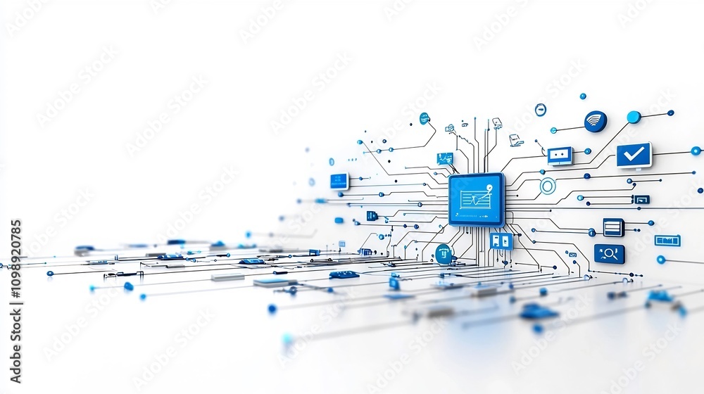 Poster Abstract digital design showcasing the power and innovation of fiber optic technology with glowing light trails and network nodes against a clean white background