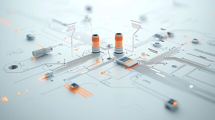 Luminous and Futuristic Design Highlighting Fiber Optic Communication Technology with Interconnected Telecommunication Nodes and Glowing Cables on White Background