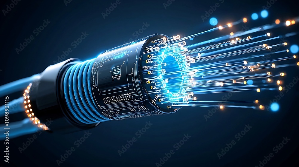 Poster of fiber optic cables with luminous light beams representing the advanced communication technology and digital innovation  The dynamic and futuristic image symbolizes high speed data transmission