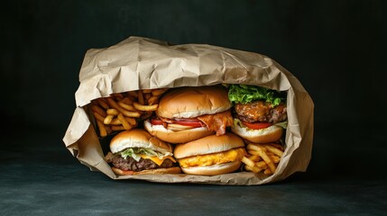 Brown paper bag overflowing with various fast food burgers and crispy golden French fries, set against a dark background.