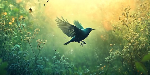 Bird in Flight, Green Meadow, Nature Scene