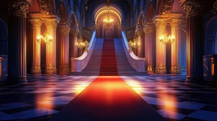 Fototapeta premium Royal palace hallway. With stairs at night. ai generative