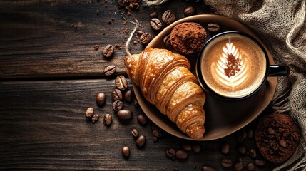 Latte coffee with artistic crema design paired with a buttery croissant and chocolate cookies on a rustic wooden table, perfect for a cozy breakfast.