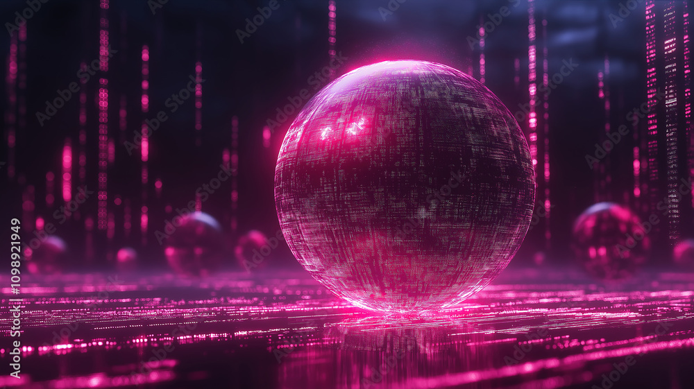 Poster digital science sphere with flowing binary data network in an animation highlighting