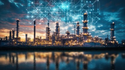 Fototapeta premium Industrial landscape at sunset with digital overlay, symbolizing technology and innovation.