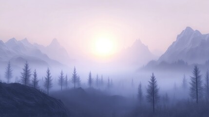 Obraz premium Misty mountains at dawn bathed in soft sunlight, highlighting serene peaks and silhouetted trees in a tranquil landscape.