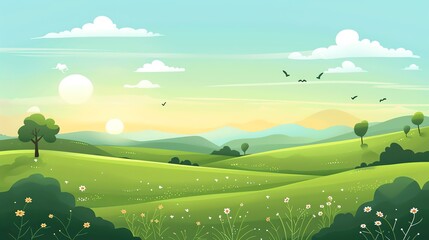 Obraz premium A picturesque illustration of a green grassy field with rolling hills, a bright blue sky with clouds, and birds flying overhead.