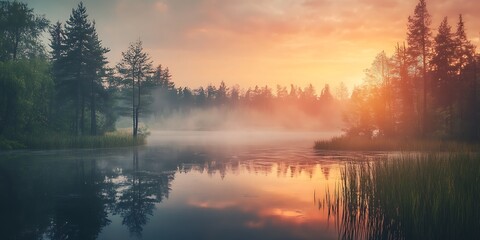 Obraz premium Misty Sunrise Lake in Forest