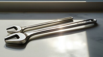 Shiny Metal Tools on Surface with Natural Light Reflection