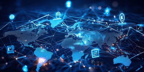 A world map with connected lines representing global business networks, surrounded by icons symbolizing trade and commerce.