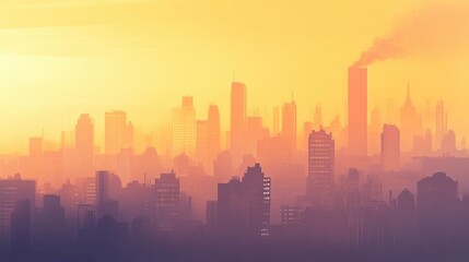 Fototapeta premium Hazy skyline showcasing the detrimental effects of air pollution on urban landscapes, with smokestacks and a muted color palette accentuating environmental issues.
