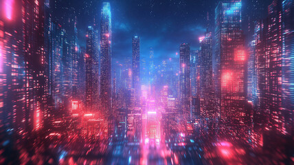 Obraz premium Urban cityscape with neon light effects and futuristic technology concept for modern digital design