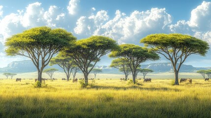 Obraz premium Serengeti savannah landscape with acacia trees and wildlife grazing