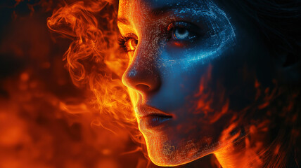 Fototapeta premium Futuristic artificial intelligence concept with a cyborg woman surrounded