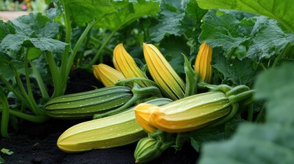 Obraz premium Vibrant zucchini plants with yellow blossoms flourishing in a greenhouse environment, highlighting sustainable organic farming techniques.