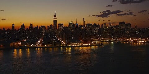 Fototapeta premium An aerial shot of the Manhattan skyline at dusk, showcasing the city lights reflecting off the water.