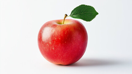realistic advertising photograph of an apple with a leaf on the top, vibrant red color, and detailed texture, isolated against a white background, high-resolution photography,
