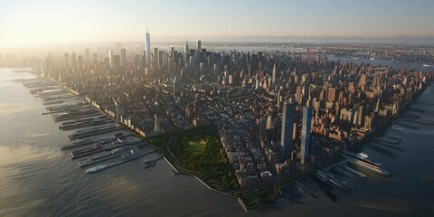 Fototapeta premium An aerial view of Manhattan, highlighting its grid layout, parks, and iconic landmarks.