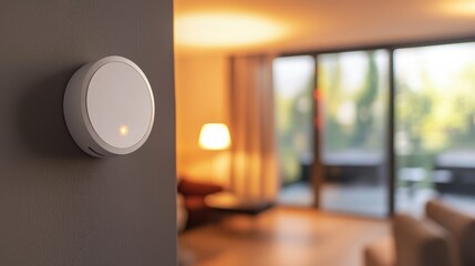 Modern smoke detector and fire alarm mounted on wall in a smart home setting, featuring an illuminated indicator for enhanced safety and protection.