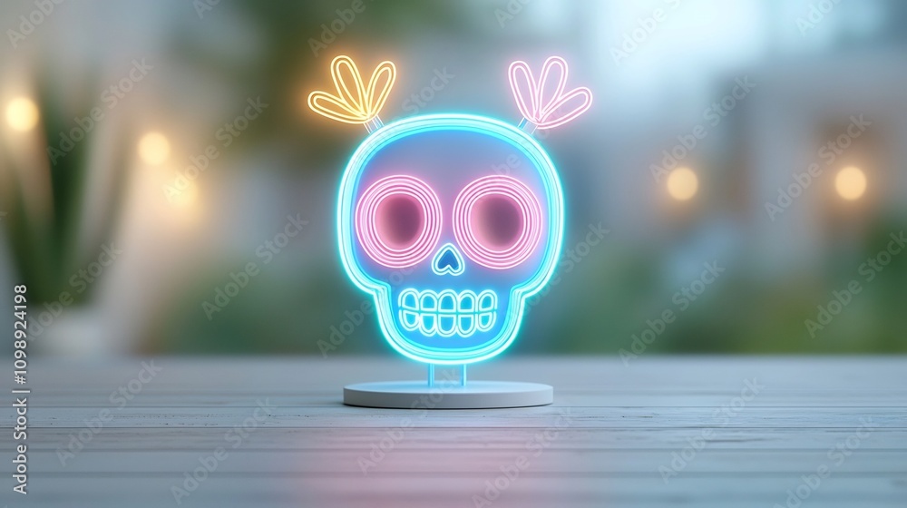 Poster mesmerizing digital of a luminous sugar skull design with vibrant neon pink swirls glowing against a