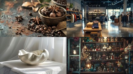 Naklejka premium Collage of spices, fashion, and decorative interiors