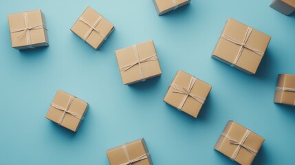 Obraz premium Gift boxes with twine bows scattered creatively on a vibrant blue background, creating a festive and cheerful atmosphere.