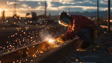 Fototapeta premium Worker welding metal beams, safety goggles, and gloves visible, sparks flying - High-energy and close-up, dusk light